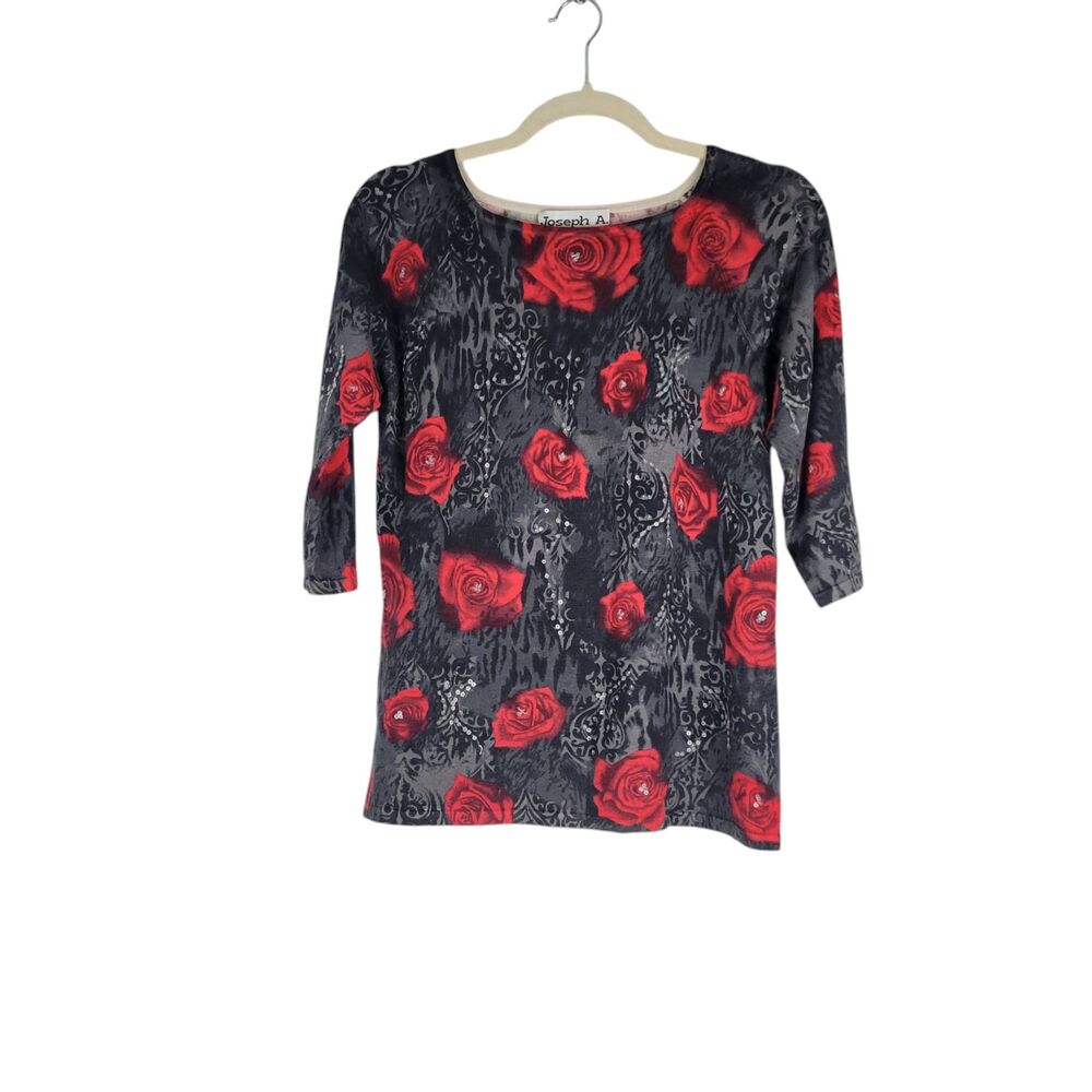 Joseph Abboud Women Floral Silk Blend Top Shirt Blouse Black Red Sequins Large